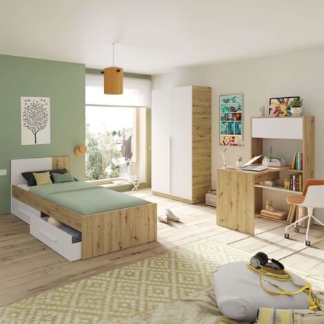 Conjunto de Muebles Dormitorio Juvenil Moderno Melamina Color Roble Nodi y Blanco Artik