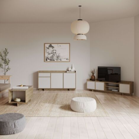 Pack Muebles Salón Comedor Lead Estilo Nórdico Color Blanco Mate y Roble Artisan