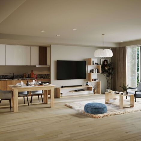 Pack Muebles de Salón Snake - Mueble TV, Mesa de centro y Mesa de comedor en Roble Sonoma, Melamina