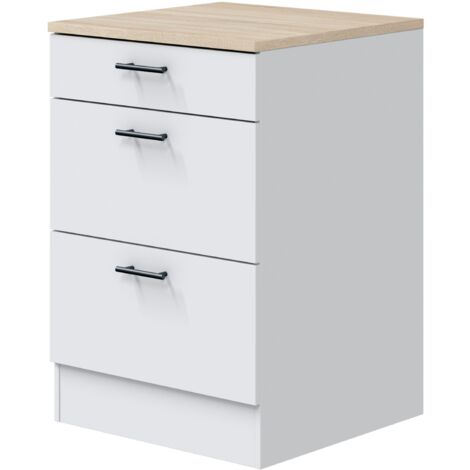 Módulo Bajo Kira de Cocina Estilo Moderno en Blanco Brillo y Roble Canadian con 3 Cajones y Tiradores Negros 60x90x60 cm
