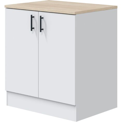 Módulo Bajo Kira para Cocina con Fregadero Estilo Moderno en Blanco Brillo y Roble Canadian 2 Puertas 80x90x60 cm