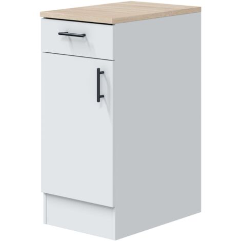 Módulo Inferior Cocina Estrecho Moderno Kira 1 Puerta 1 Cajón Blanco Brillo y Roble Canadian 40x90x60 cm
