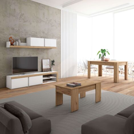 Pack de Muebles de Salón Estilo Moderno Color Blanco Mate y Roble Naturale con Mueble TV, Mesa Centro y Mesa Comedor Extensible (1/5)