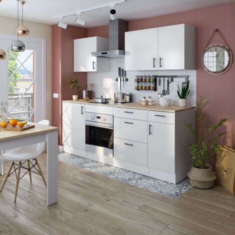 Pack de Muebles de Cocina Kira Modular en Blanco Brillo y Roble Canadian con 7 Módulos, Cajones, y Puertas Abatibles (1/5)