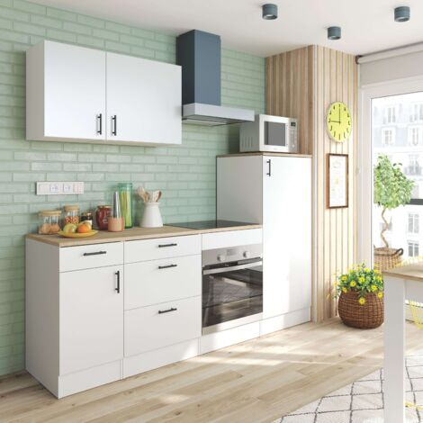Pack de Muebles de Cocina Kira Estilo Moderno en Color Blanco Brillo y Roble Canadian con 6 Módulos con Puertas y Cajones de Almacenamiento (1/5)