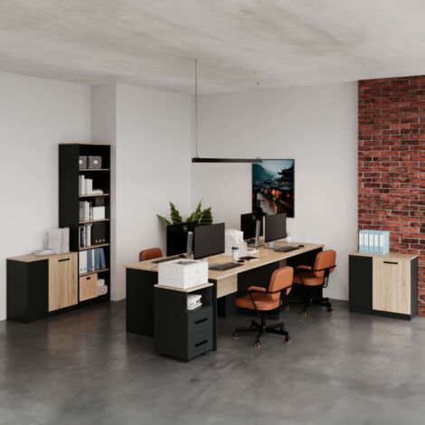 Pack de Muebles de Oficina en Color Roble Sonoma y Gris Antracita con Estantería 2 Armarios 4 Escritorios y Carrito con Ruedas (1/5)