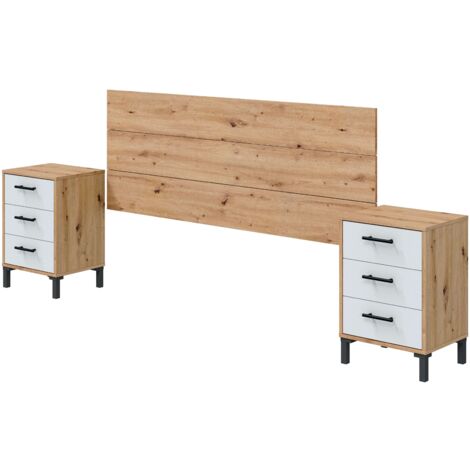 Cabecero + 2 Mesitas 3 Cajones Cabezal y Mesitas Moderno Lúmina en Blanco Artik y Roble Nodi 240x101x33 cm