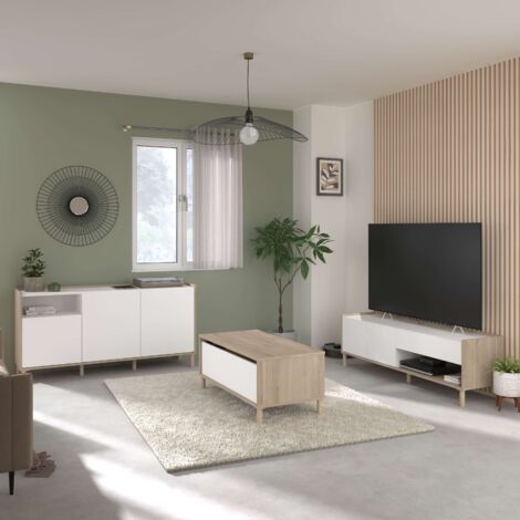 Pack de Muebles de Salón Azzaro Estilo Moderno en Color Roble Japonés y Blanco con Mueble TV Mesa Centro Aparador