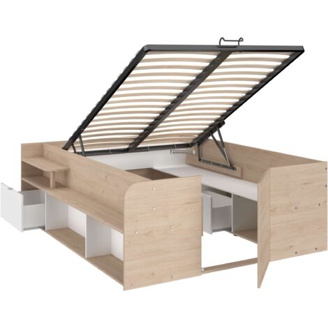 Cama Stratos Dormitorio Estilo Nórdico en Color Roble Jackson y Blanco con Base Elevable y Espacio de Almacenamiento 135/140x190/200 cm