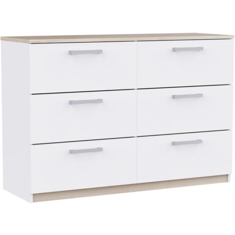 Cómoda Watson de Dormitorio con 6 Cajones Estilo Moderno en color Blanco Mate y Roble Kronberg 119x81x41 cm
