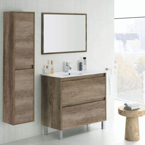 Conjunto mobiliario baño mueble lavabo + columna + espejo + lavabo PmmA color roble diseño moderno