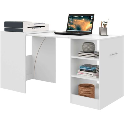 Miroytengo – Mesa escritorio blanca mate 149x76x63 cm – 3 estantes retráctiles en melamina – Diseño minimalista para oficina y estudio (1/5)