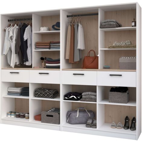 Vestidor Abierto Modular Flexa Dormitorio en Color Roble Jakson y Blanco Mate con 4 Cajones, 8 Estantes, 2 Barras Sin Cortinas 240x200 cm