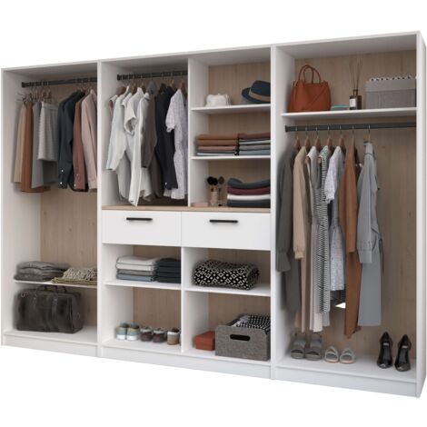 Vestidor Abierto Modular Flexa Dormitorio Color Roble Jakson y Blanco 2 Cajones, 6 Estantes, 3 Barras Sin Cortinas 286x200x50 cm