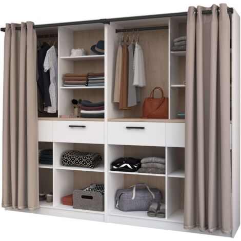 Vestidor Abierto Modular Flexa Dormitorio en Color Roble Jakson y Blanco Mate con 4 Cajones, 8 Estantes, 2 Barras Con Cortinas 240x200 cm