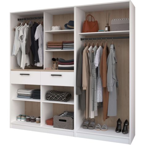 Vestidor Abierto Modular Flexa Dormitorio en Color Roble Jackson y Blanco Mate con 2 Cajones, 5 Estantes, 2 Barras Sin Cortinas 203x200 cm