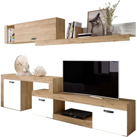 Mueble Salón Modular Rinconero Conjunto Completo Mueble TV Argos 4 Módulos Blanco Mate y Roble Naturale 293x200x40 cm