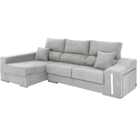 Sofá Chaise Longue Oscar Izquierda 3 Plazas, Arcón, 2 Puffs, Asientos Extensibles Gris Claro 263 cm