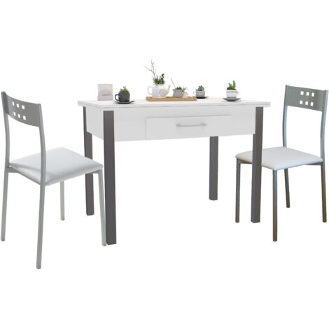 Conjunto de Mesa Extensible con 2 Sillas Cocina, Mesa Extensible 140 cm, Muebles de Cocina Blanco y Gris