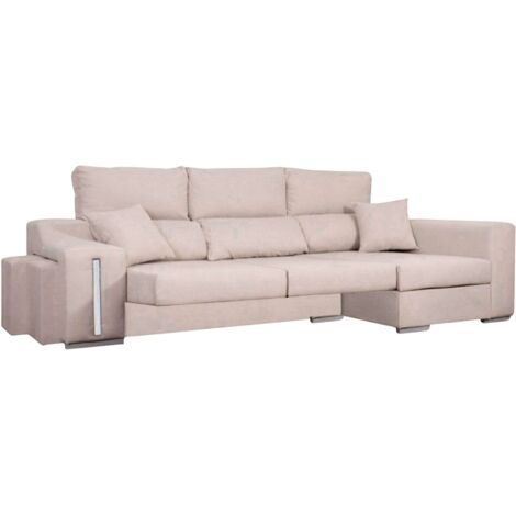 Sofá Chaise Longue Derecha 3 Plazas, Arcón, 2 Puffs, Oscar Asientos Extensibles Beige 263 cm