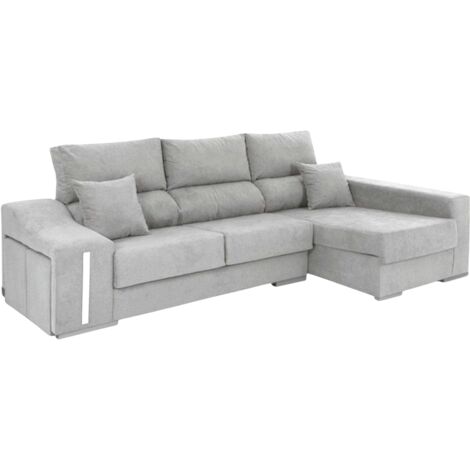 Sofá Chaise Longue Oscar Derecha 3 Plazas, Arcón, 2 Puffs, Asientos Extensibles Gris Claro 263 cm