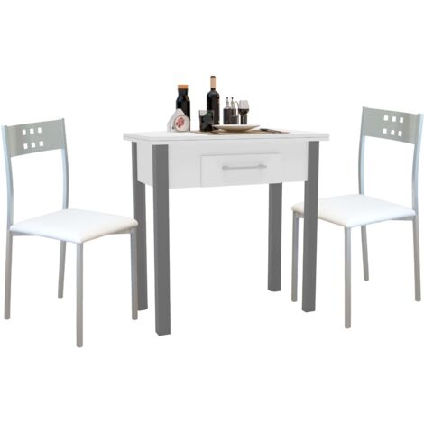 Conjunto de Mesa Extensible con 2 Sillas Cocina, Muebles de Cocina Blanco y Gris