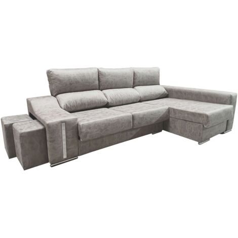 Sofá Chaise Longue Oscar Derecha 3 Plazas, Arcón, 2 Puffs, Asientos Extensibles Gris Cemento 263 cm