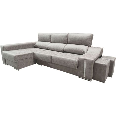 Sofá Chaise Longue Oscar Izquierda 3 Plazas, Arcón, 2 Puffs, Asientos Extensibles Gris Cemento 263 cm