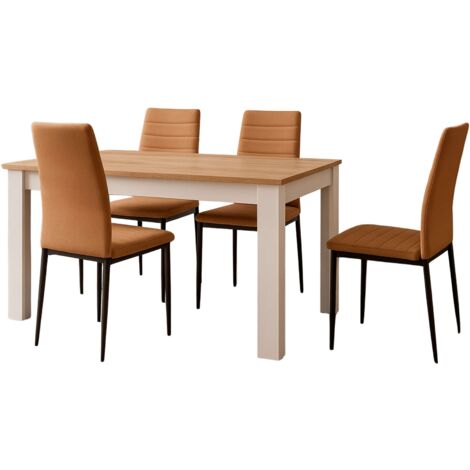 Juego de Comedor Mesa Extensible y 4 Sillas, Juego de Mesa Extensible y 4 Sillas, Mesa Rectangular Color Roble Canadian y Blanco Artik