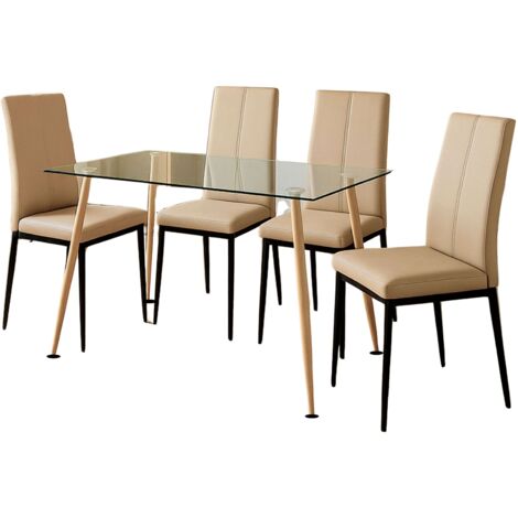 Juego de Comedor Mesa y 4 Sillas, Juego de Mesa Fija y 4 Sillas, Mesa Rectangular Cristal Beige y Negro