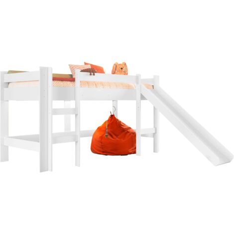 Cama Alta Infantil, Cama con Tobogán y Escalera Nubbi, con Láminas de Somier, Melamina Blanco 80x190 cm (1/5)