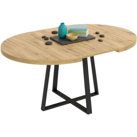 Mesa de Comedor Redonda Extensible, Mesa de Salón, Melamina Aduna, Roble y Negro 77x110-158 cm