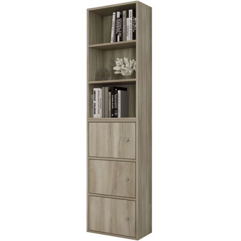 Estantería de Salón Plea, Mueble Organizador Comedor Roble Sonoma 1 armario 3 puertas, 1 estantería 3 niveles Melamina 42x184x29 cm