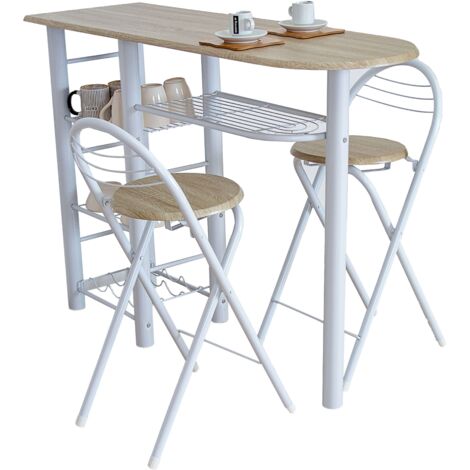 Mesa Alta de Cocina Office Estilo Nórdico en Blanco y Madera Clara con 2 Taburetes Plegables 40x88x120 cm