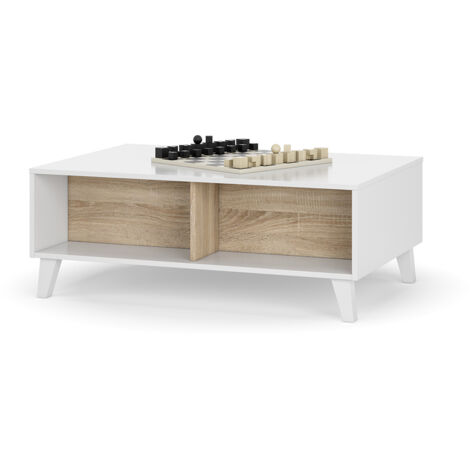 MESA CENTRO ELEVABLE 38X100X68 CM BLANCO BRILLO/ROBLE CANADIAN