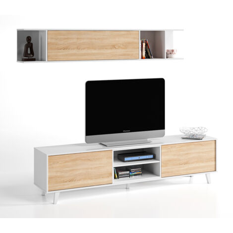 Mueble Tv Zaiken salón comedor en blanco y color madera roble 180x51x41 cm