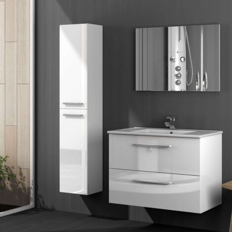 Columna aseo baño para lavabo suspendida en color blanco brillo con tiradores y 2 puertas diseño actual 30x25x150 cm