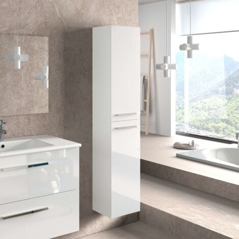 Columna aseo baño para lavabo suspendida en color blanco brillo con tiradores y 2 puertas diseño actual 30x25x150 cm