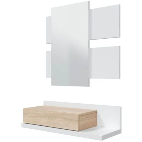 Mueble recibidor con cajón y espejo incluido moderno color blanco y roble  75x29 Cm