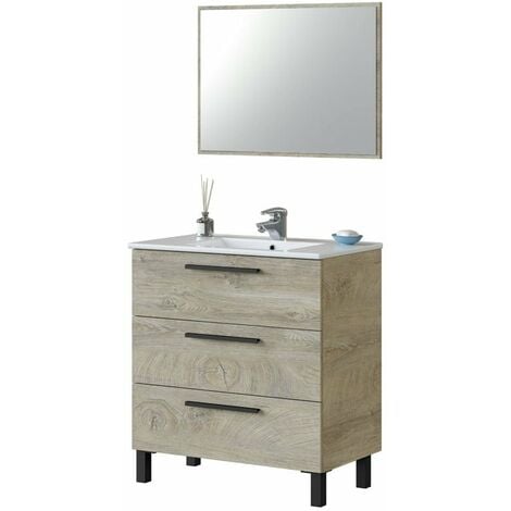 Mueble de baño aseo Athena color roble alaska 3 cajones y espejo estilo industrial 80x45 cm SIN LAVAMANOS