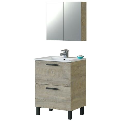 Mueble de baño 1 Armario 2 Puertas y Espejo Aseo Color Roble Alaska Industrial 60x45 cm SIN Lavabo