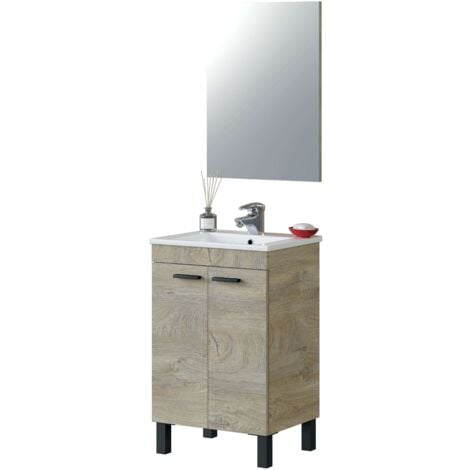 Mueble de Baño Ezio Estilo Natural en Color Roble Alaska con Espejo, 2 Puertas y Patas 50x80x50 cm (Sin Lavabo)