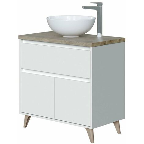 Mueble de baño aseo 1 cajón 2 puertas color blanco brillo y roble alaska moderno 81x46 cm SIN LAVAMANOS