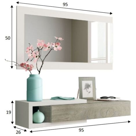 Mueble recibidor colgante con espejo y cajón color blanco y roble estilo  moderno 19x95x26 cm
