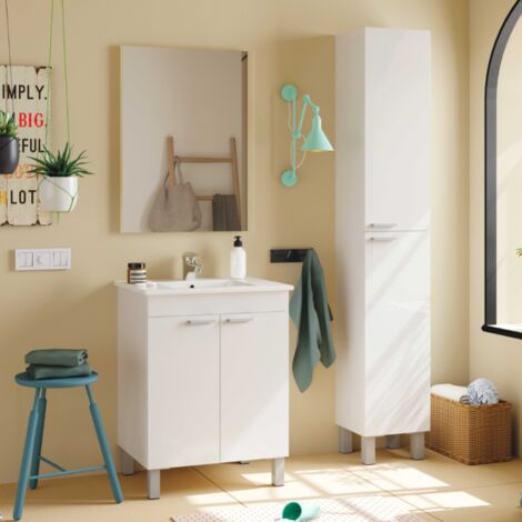 Mueble bajo lavabo Dacor, mueble de baño de 2 puertas, Gabinete de piso con  espejo, 80x45h80 cm, Blanco