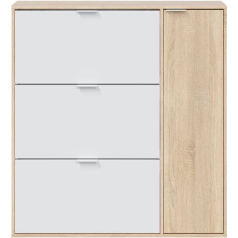 Mueble zapatero pasillo recibidor 4 puertas y baldas habitación blanco y roble moderno 115x106x22 cm