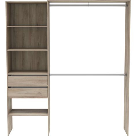 Kit de Armario 2 Barras colgadoras Columna con 4 estantes y 2 cajones habitacion Dormitorio vestidor 205x185x44 cm
