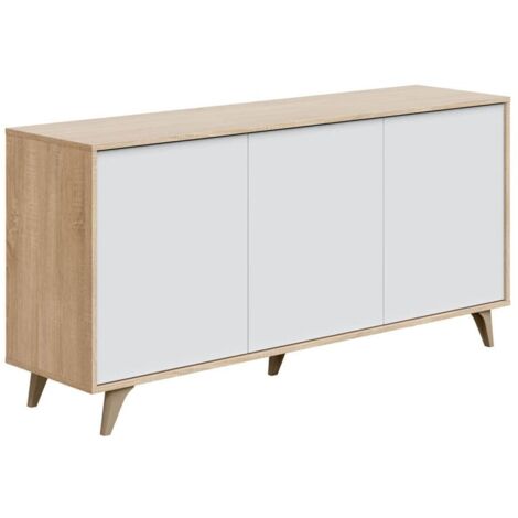 Aparador salón Comedor, Mueble Auxiliar Buffet WIND 1 Puerta, 3 cajones,  Color estructura Roble y color puerta y cajones Blanco. Medidas:  120x40x86cm.