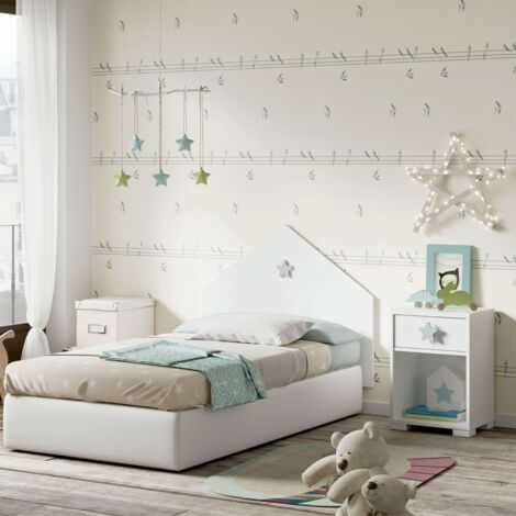 Cabezal Con Mesita Infantil Color Blanco Dormitorio Shine Estrella Gris Habitación