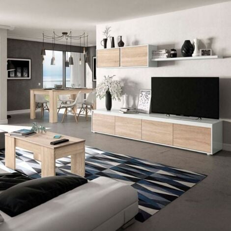 Muebles para salón Completo Color Blanco y Roble Canadian (Mueble Modular +  Mesa Centro + Mesa
